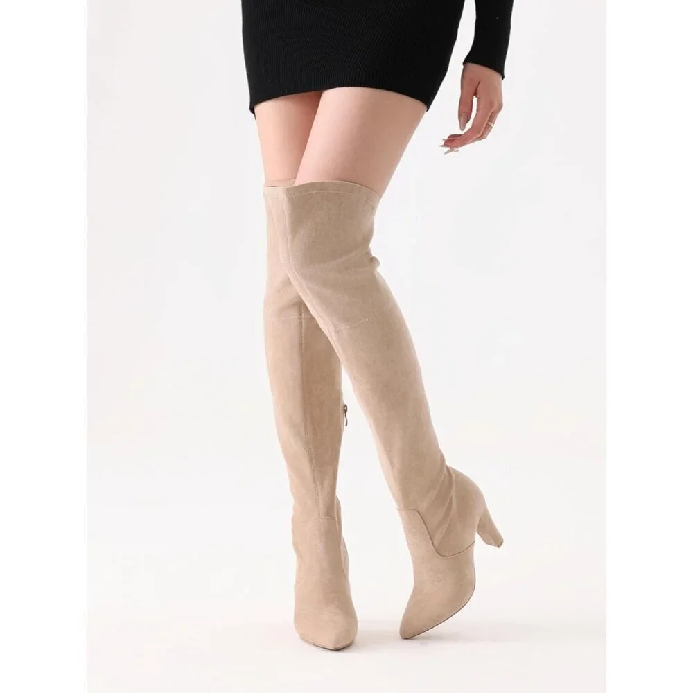 Women Khaki Suede Stretch Thigh High Over The Knee Chunky Heel Pointed Toe Boots